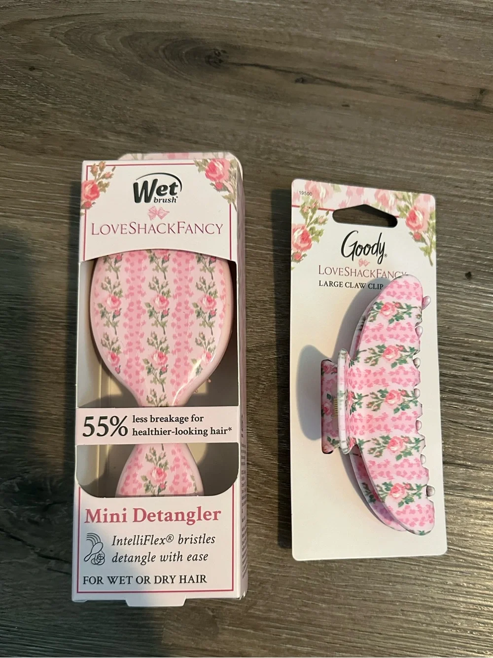 LoveShackFancy Pink Floral Mini Detangler & Large Claw Clip Set